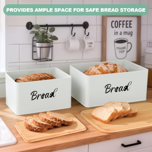 Metal Bread Box Set of 2 with Bamboo Lid, Modern Bread Storage Containers with Air Vents, Bamboo Cutting Board Lid, Farmhouse Kitchen Decor Organizer for Countertop, 2-Size (Large & Small)White