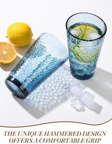 Amyoole Drinking Glasses Set of 8, 16oz Blue Hammered Glass Cup for