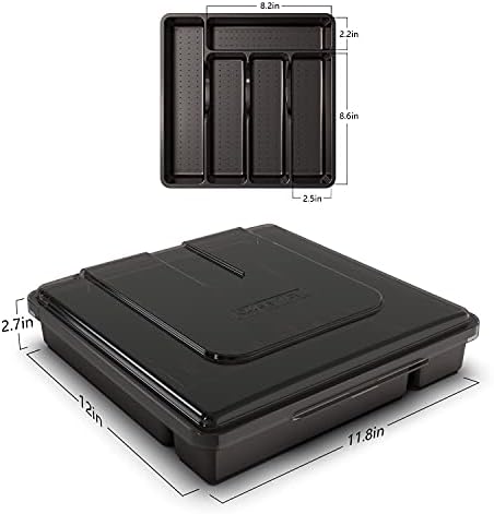 Silverware Tray with Lid, 5 Compartments, Black