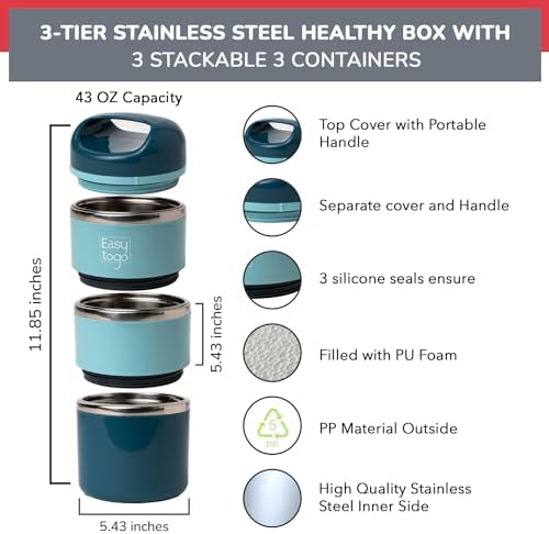 Easy Togo 3 Tier Lunch Box 43Oz-Blue Stainless Steel Stackable Lunch