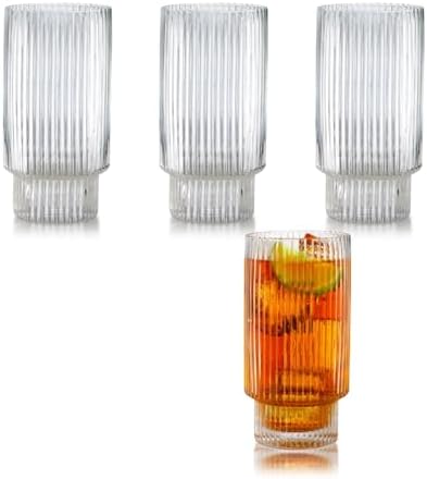 Qualia Carousel Highball Glasses Set of 4 Ribbed Glass Cups 18 oz