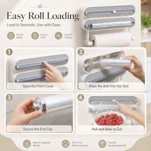 Magnetic Wrap Dispenser with Cutter, 3-in-1 Kitchen Roll Holder