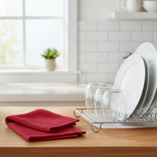DecorRack Waffle Weave Kitchen Towels 16x27 in, Red (4 Pack)