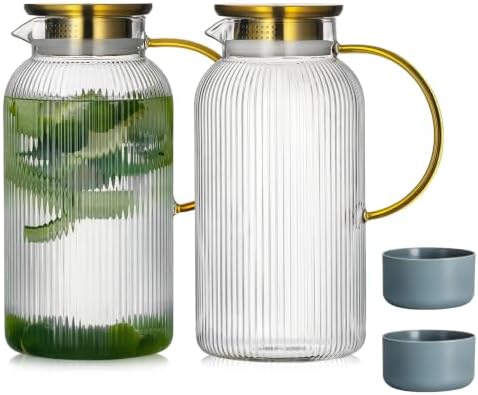 Buaic 2 PACK Glass Pitcher with Lid, 68 oz Glass Carafe with Silicone