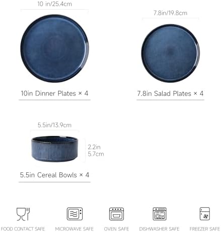 12PCS Ceramic Dinnerware Set for 4, Stoneware Plates and Bowls Sets