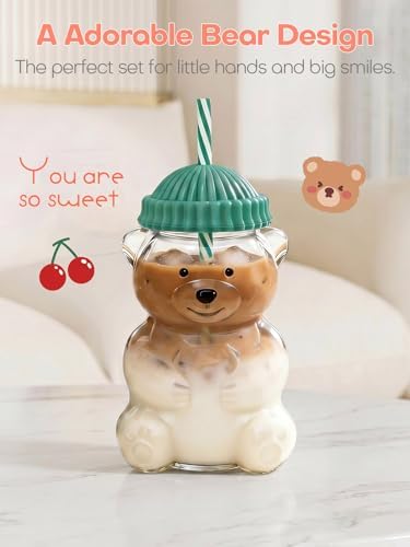 20oz Bear Glass Cup with Lid &Straw 2 Pack, Reusable Glass Drinking