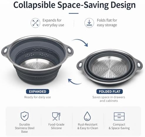 Mejoncb Collapsible Colander – Platinum Silicone Strainer with
