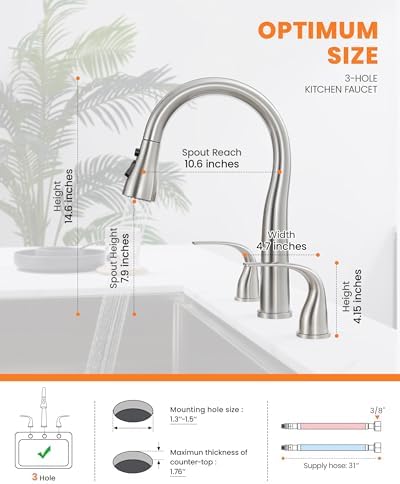 TIORIY 3 Hole Kitchen Faucet with Pull Down Sprayer