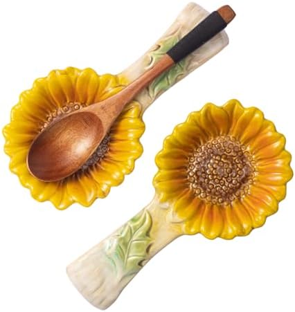 2 Pack Spoon Rest for Stove Top, Sunflower Ceramic Spoon Holder for