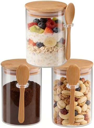 Set of 3 Airtight Glass Jars with Bamboo Lids and Spoons - 20oz