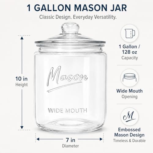 1 Gallon Mason Glass Jar with Lid – Wide Mouth Glass Storage Jar with