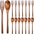 16 Pcs 9" Wooden Spoons Forks Set, Wood Dinner Utensil Set for Eating