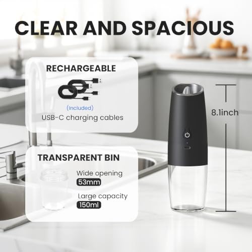 UNNEES Rechargeable Electric Salt and Pepper Grinder Set, Black