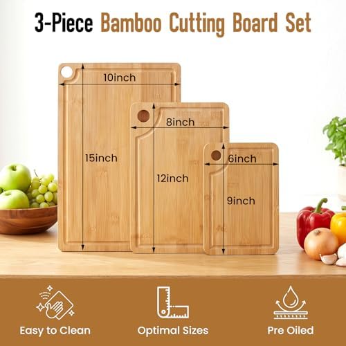 VIVIGU Bamboo Cutting Boards for Kitchen, 3-Piece Wood Cutting Board