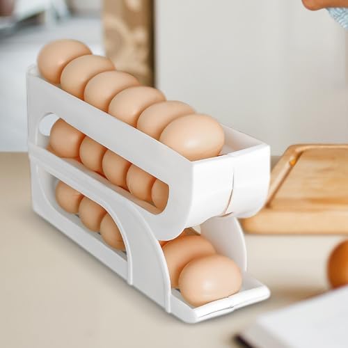 Egg Container for Refrigerator, Auto-Rolling 3-Tier Holder White