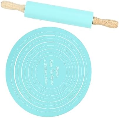 Jiawu Silicone Rolling Pin Pastry Baking Mat Set, Beech Wood (Blue)