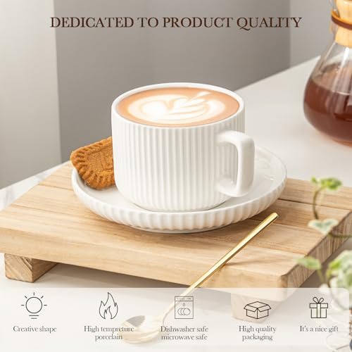 8 Ounce Cappuccino Cups Set of 4, Latte Mugs with Saucers and Spoons