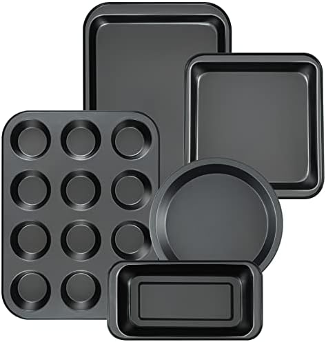 mobzio Kitchen 5-Piece Nonstick Bakeware Set - Round/Square Cake Pans, Muffin Pan, Loaf Pan, Roast Pan & Baking Sheets