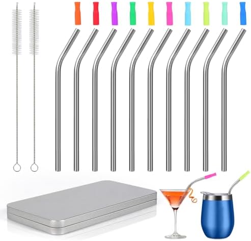 [10 Pcs] 6 Inch Reusable Metal Straws - 18/8 Stainless Steel Bendy