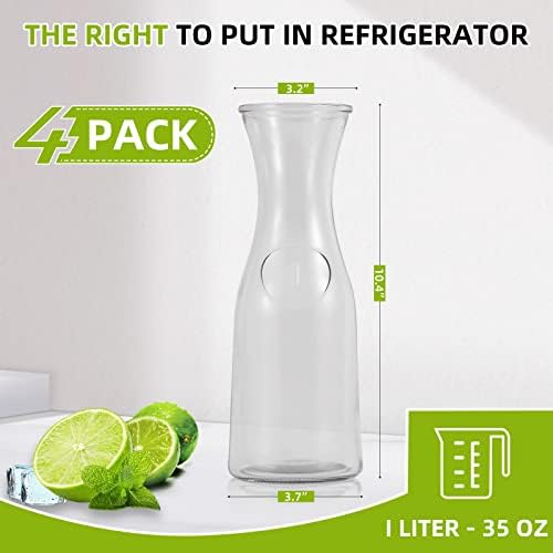Set of 4 Glass Carafe with Lids, 1 Liter Beverage Pitcher Carafe for