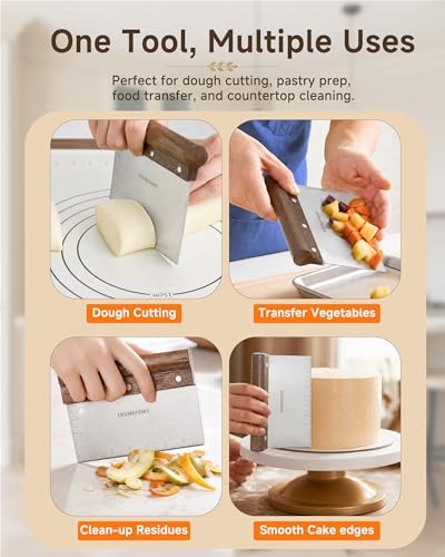 7" Large Bench Scraper with Wood Grip, Dough Cutter for Bread & Food