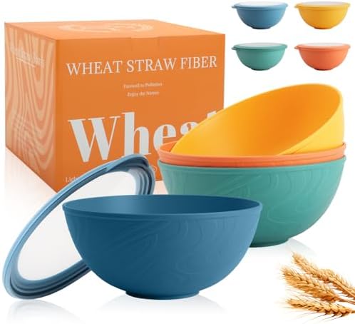 Wheat Straw Bowls Set with Lids, Unbreakable 40 OZ Cereal Bowls Set of