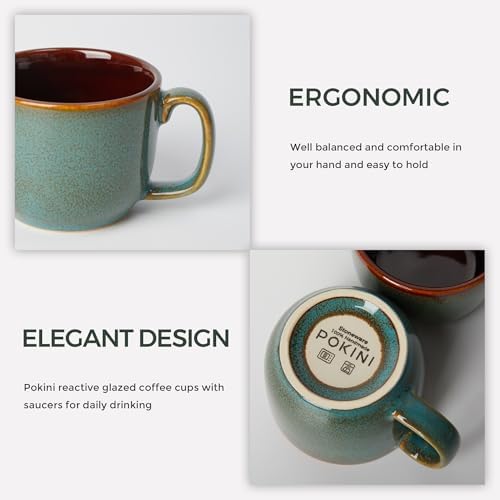 Pokini Stoneware Coffee Cups with Saucers, Cappuccino Cups, Mugs Set