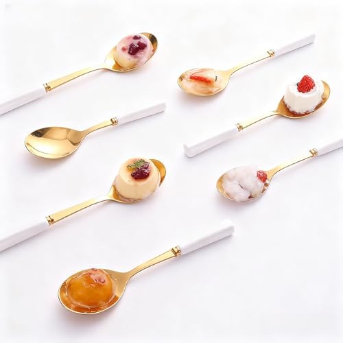 6PCS Coffee Spoons with Ceramic Jar Holder, Small Stainless Steel Gold