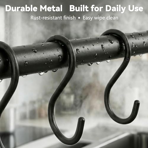 Black Steel-made Kitchen Utensil Rack Organizer Wall-mounted Pot Pan Wall Hanger Holder For Hanging Rail with 10 S Hooks