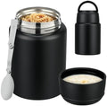 16oz Insulated Food Jar with Spoon, Stainless Steel, Black