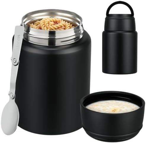 16oz Insulated Food Jar with Spoon, Stainless Steel, Black