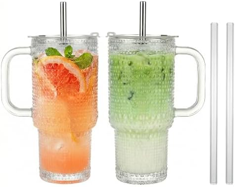 WACOI Thick Hobnail Glass Cup with Lids and Straws 18 oz, 2 Pack