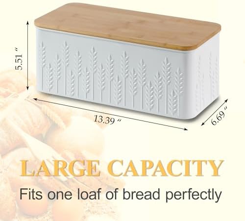 Large White Ear of Wheat Embossed Bread Box with Bamboo Lid