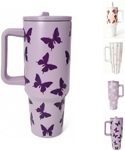 40OZ Butterfly Insulated Tumbler with Handle,Purple Tumbler with Lid