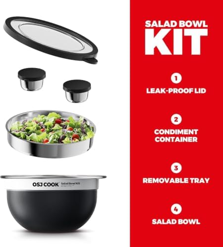 74oz Salad Bowl Kit with Lid & Tray, Scratch-Resistant 18/8 Stainless