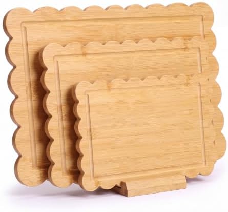 3 Pcs Bamboo Scalloped Cutting Boards with Holder