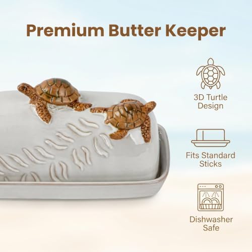 Ceramic Sea Turtle Covered Butter Dish White Coastal Butter Keeper
