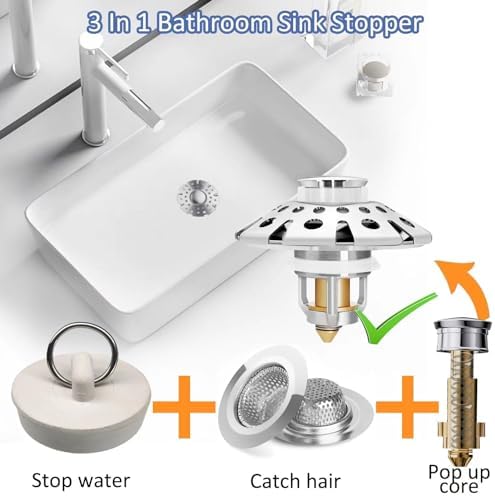 AzWzz Bathroom Sink Stopper with Hair Catcher, Pop Up Sink Drain