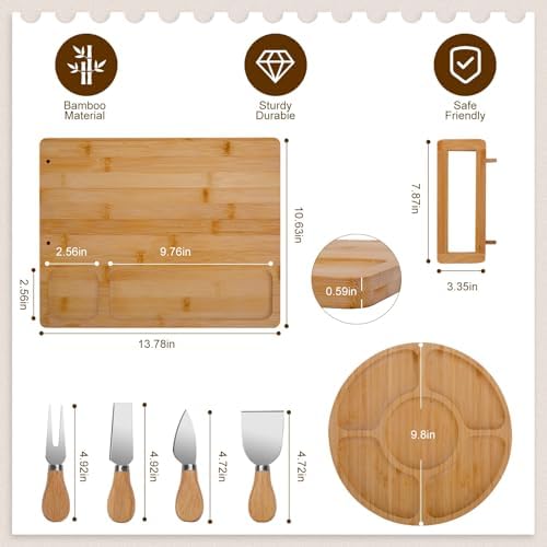TURIMON Bamboo Charcuterie Board Set - Cheese Serving Platter with 4 Stainless Steel Knives and Fruit Tray - Elegant Cheese Board for Parties, Weddings, and Home Entertaining