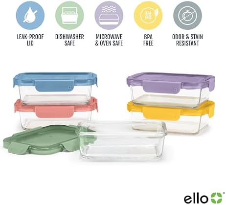 Ello Color Lock 3.4 Cup Glass Meal Prep Containers, 5 Pack