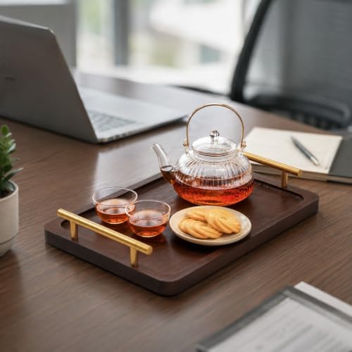 LUOZZY Rectangular Bamboo Serving Tray with Metal Handles A