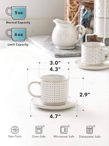 LE TAUCI 6 oz Stackable Cappuccino Cups with Saucers and Stand, Set of