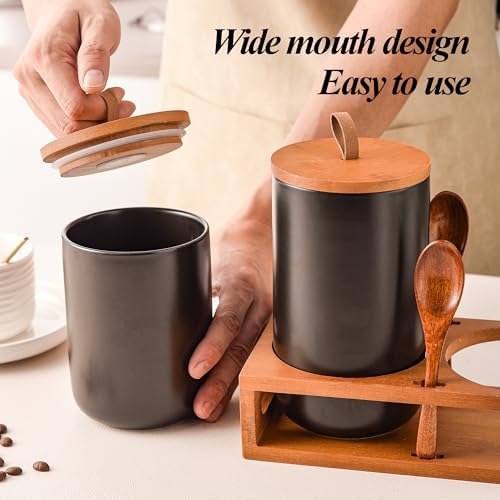 Black Ceramic Canister Set of 2 with Bamboo Lids, Wooden Stand &