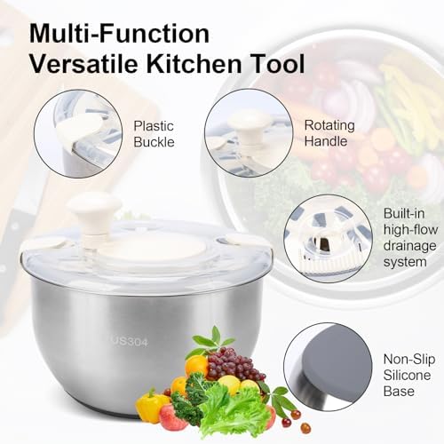 Stainless Steel Salad Spinner, Lettuce Spinner with Drain 5.3 QT