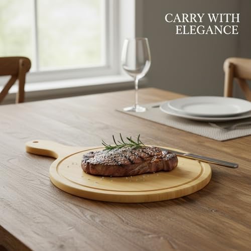 Solid Wood Serving Tray with Handle, 6-Inch Round Platter for Pizza