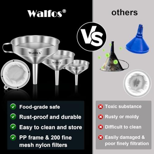 Walfos 3Pcs Kitchen Funnel with 2 Removable Strainer & 1 Cleaning