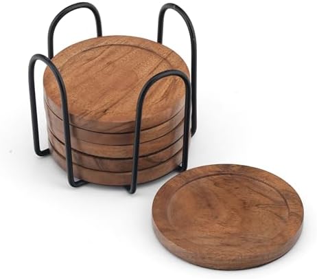 Acacia Wood Round Coasters Set of 6 with Holder – Absorbent Drink