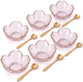 Set of 6 Mini Glass Bowls, Pink Cherry Blossom, with Gold Spoons
