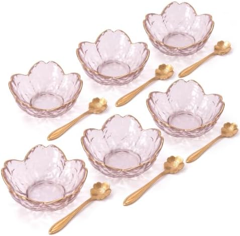 Set of 6 Mini Glass Bowls, Pink Cherry Blossom, with Gold Spoons