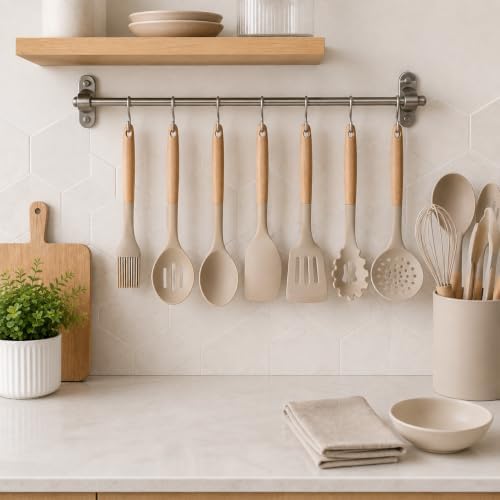 12 Piece Kitchen Utensils Set with Holder, Beige